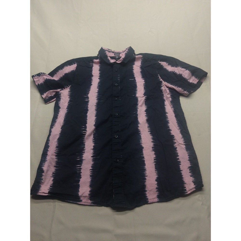 Volcom Shirt Mens XL Modern Fit Short Sleeve Tie Dye Stripe Black Pink Surfer